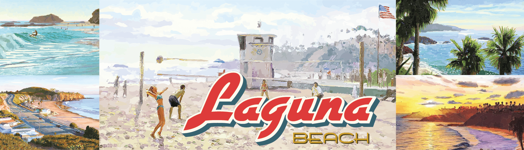 Vintage travel-poster collage of the Laguna Beach coast, surf, palms, sunset, and the red Laguna script